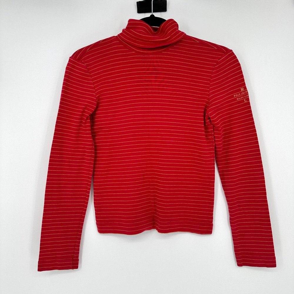 Vintage Polo Jeans Ralph Lauren Red Turtle Neck Gold Striped Long Sleeve S Y2K